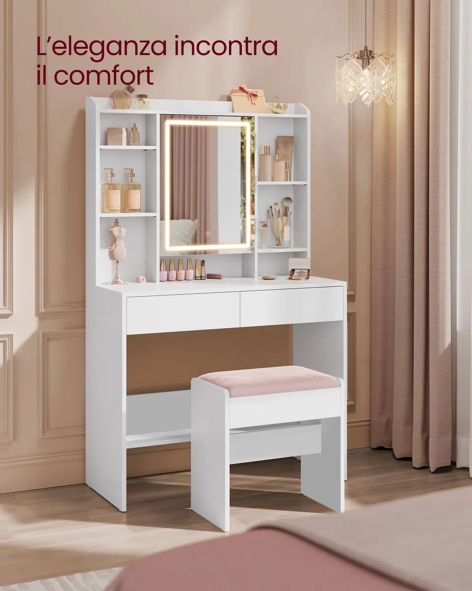 VASAGLE KAILYN Collezione - Sgabello Toeletta Trucco, Sgabello Imbottito Trucco, Velluto, Piedini Antiscivolo, Camera da Letto Armadio Ingresso, Stile Moderno, Bianco Opaco e Rosa Pastello RDS001W01