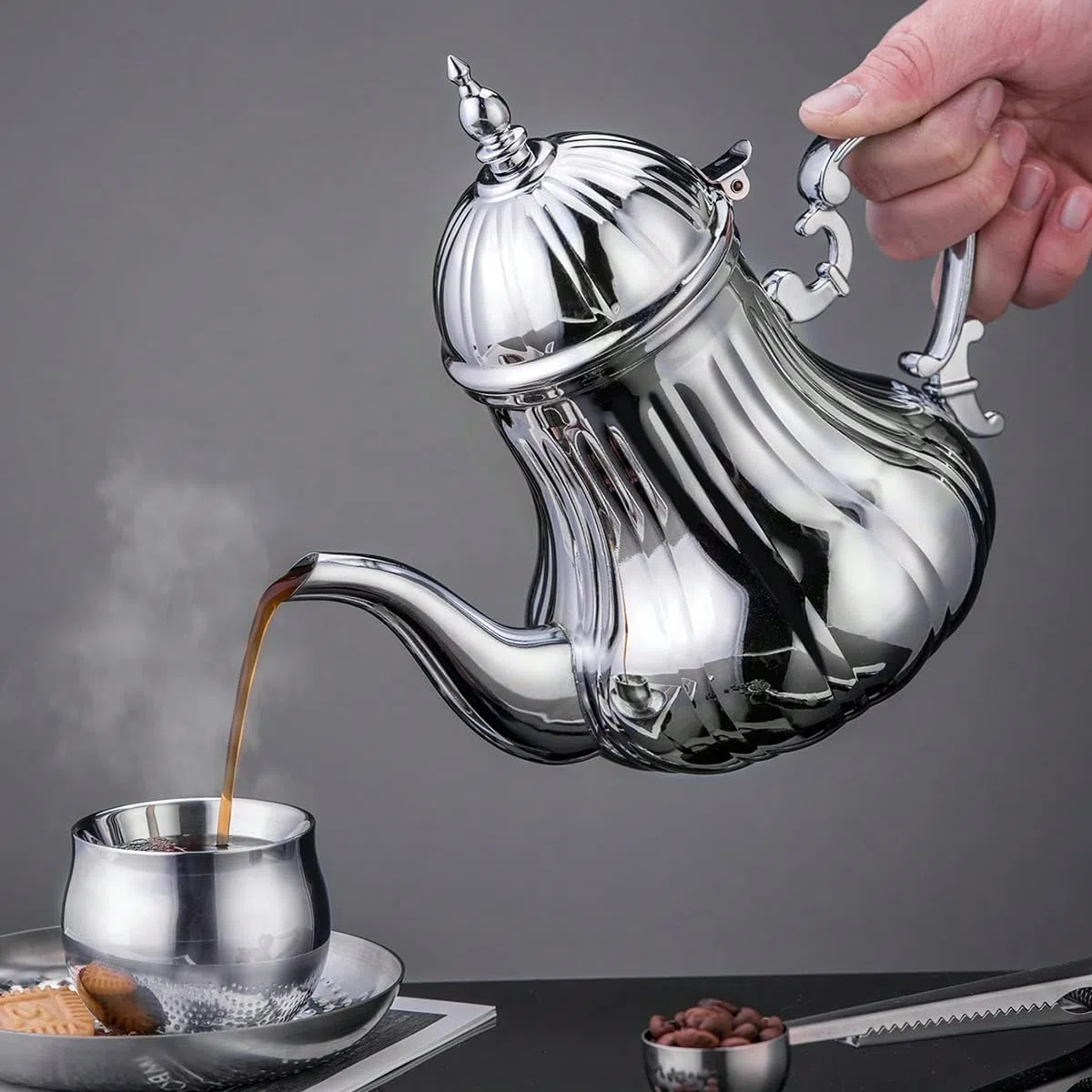 Teiera marocchina 1,4 l, stile arabo, acciaio inossidabile, marocchino, tradizionale, stile religioso Teapot(argento)