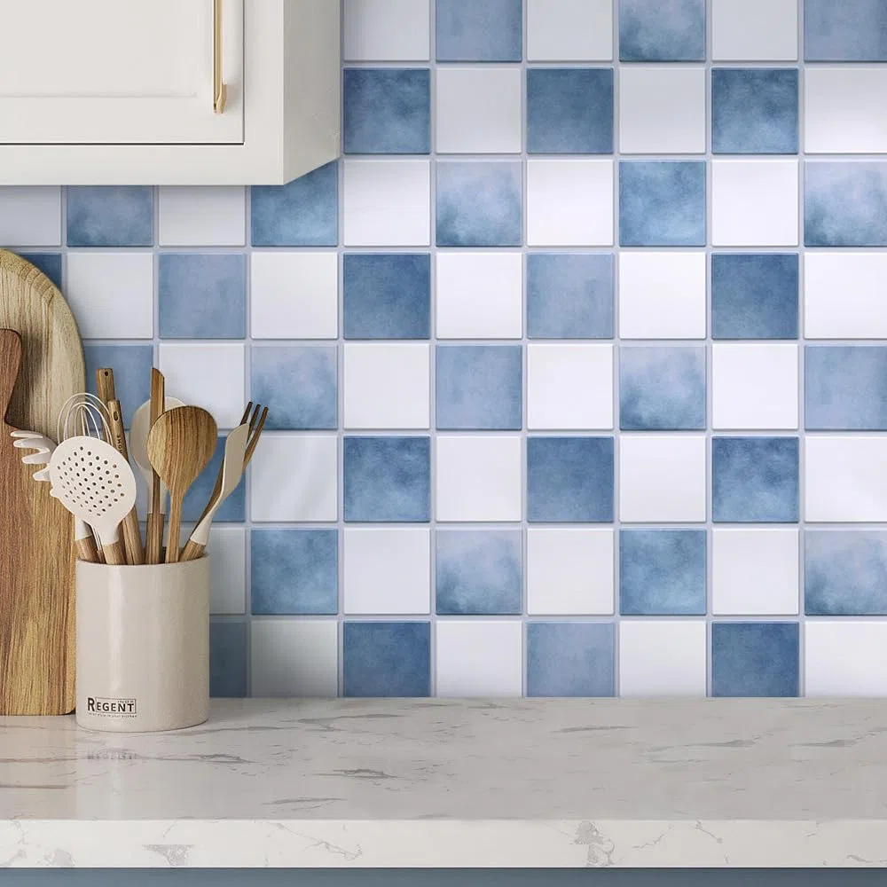 Piastrelle Adesive per Cucina, PVC Blu nebbia e bianco, 10 Pezzi, Adesivi per Piastrelle 3D, Autoadesive per Pareti,Paraschizzi Autoadesivo per Cucina, Bagno, 30 × 30 cm