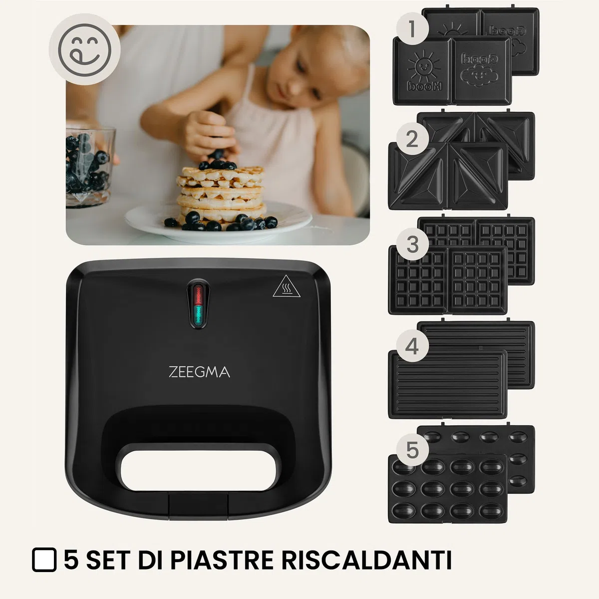ZEEGMA ROTEE CHEF EASY Tostiera Multifunzione 750 W 5 in 1, per Toast Pane Waffles Panini Biscotti Griglia, Tostapane, Piastre antiaderenti Protezione dal Surriscaldamento