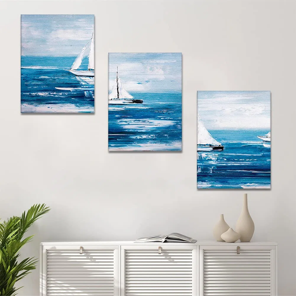 Artscope Stampe e Quadri su Tela 3 pz. Oceano Blu e Barca a Vela Immagine Fotografia Murale Tela Wall Art Bel Regalo per Home Decor Ristorante Cucina Regalo di Anniversario Compleanno 30x40CM