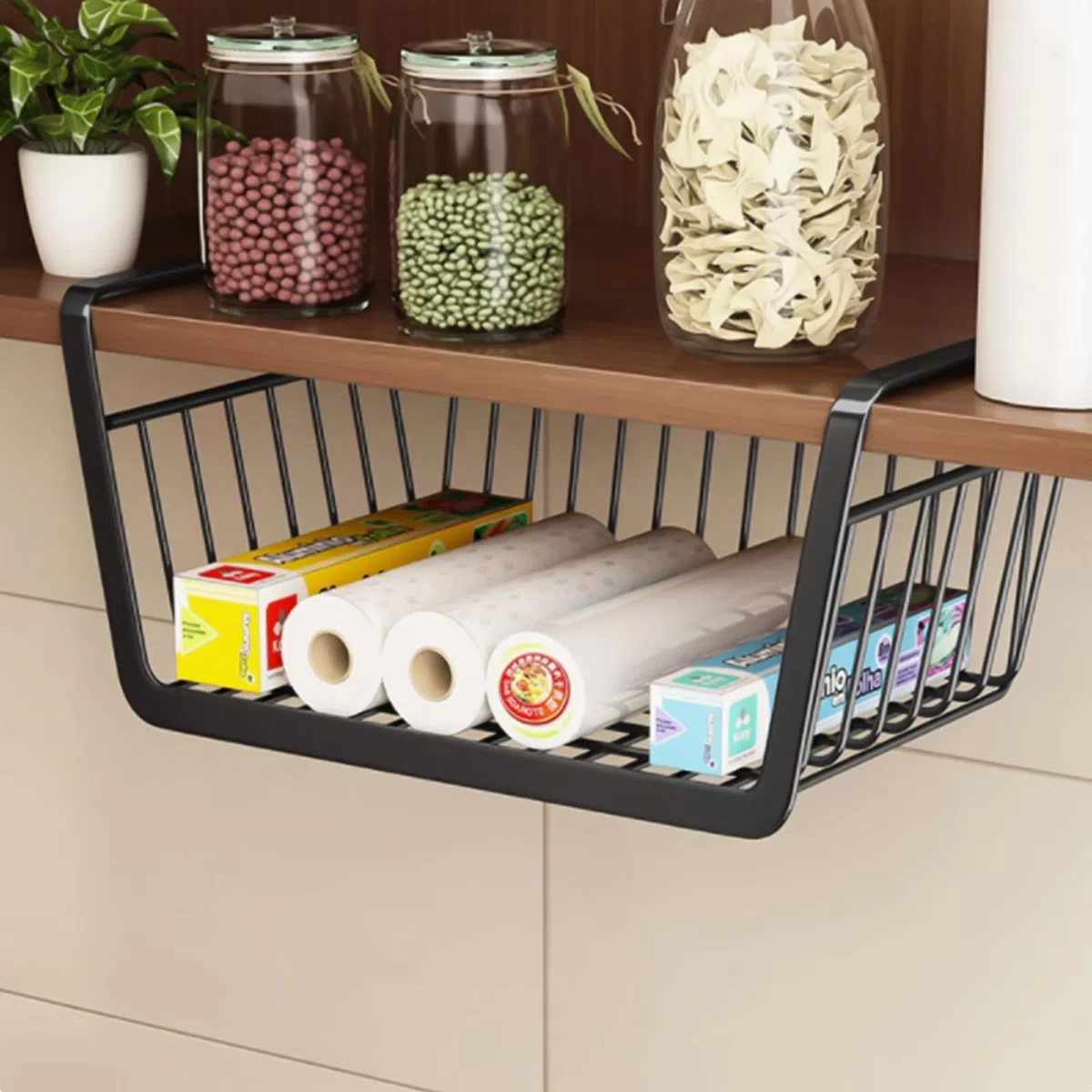2 Pezzi Cestello Sotto Mensola Nero, Organizer Sottopensile Cucina 34 x 11,5 x 20,5 cm Senza Forare, Mensola Salvaspazio per Armadio Dispensa Bagno