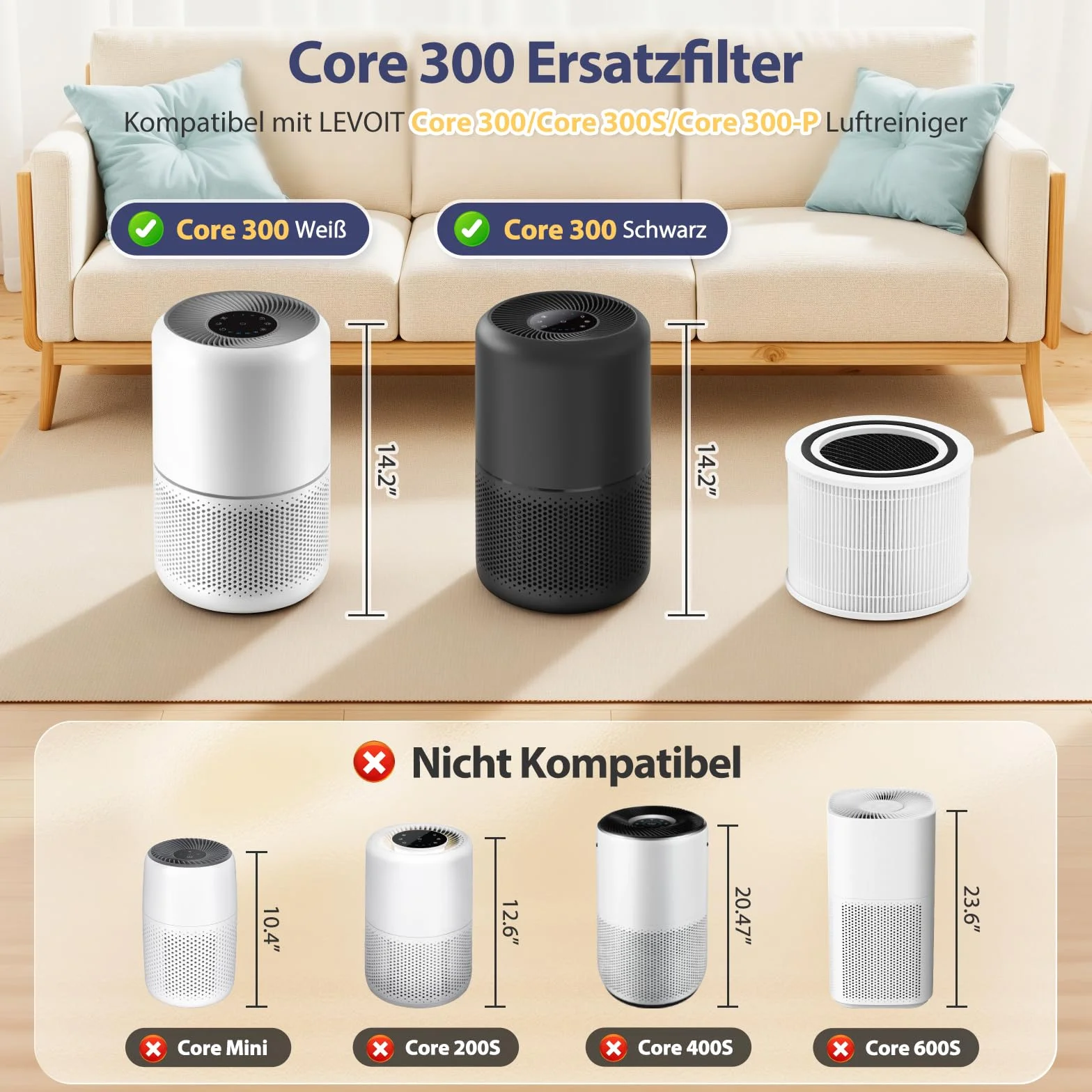 2 filtri di ricambio per purificatore d'aria per LEVOIT Core 300/Core 300S, filtro HEPA 3 in 1, filtro HEPA True-H13, filtro a carbone attivo e prefiltro ad alta efficienza, filtrazione a 3 livelli,