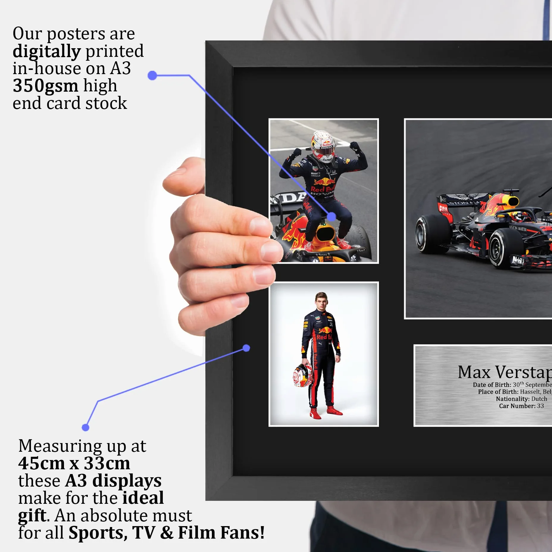 HWC Trading FR A3 Max Verstappen Gifts - Espositore con autografo stampato per fan di F1 Formula 1, formato A3