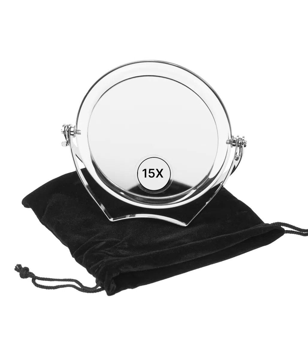 Fantasia - Specchio da viaggio in acrilico con staffa in metallo, pieghevole, con ingrandimento 15x, specchio a mano in argento, con supporto Ø 10 cm, altezza 12 cm, con custodia regalo