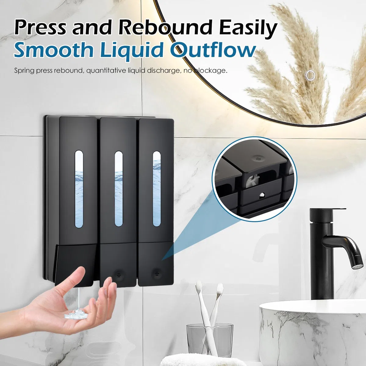 Dispenser Doccia Muro, Dosatore Sapone Bagno a Parete 400ML, Dispenser Shampoo e Bagnoschiuma Adesivo, Senza Foratura per Gel Doccia Cucine Bagni, Nero (3 Camere)