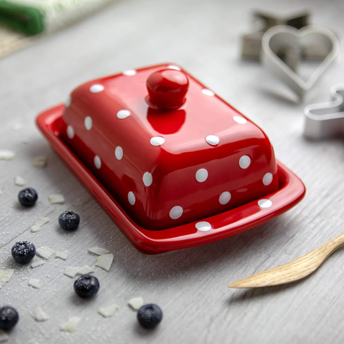 City to Cottage Portaburro con Coperchio Contenitore per Burro in Ceramica in Fantasia a Pois Rosso e Bianco Burriera Realizzata e Dipinta a Mano