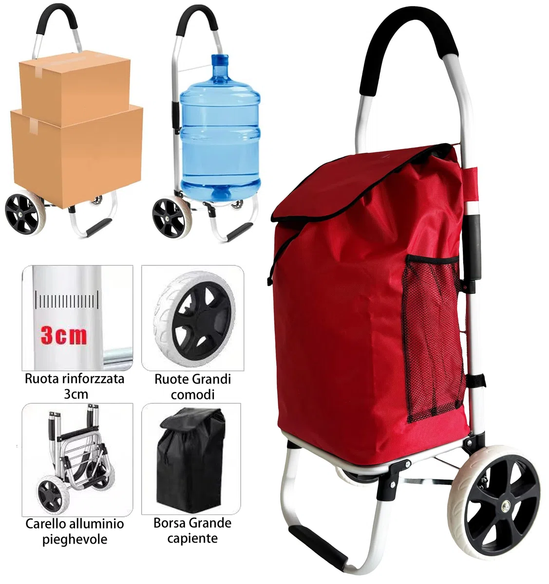 Carrello spesa 2 Ruota Grande robusto telaio in alluminio e borsa in tela impermeabile rimovibile ideale per lo shopping comodo e pratico (Rosso, 2 Ruota)