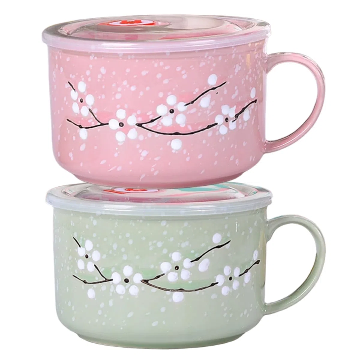 2 ciotole per zuppa con manici 800 ml/28 oz sigillatura tazza da zuppa resistente al calore per microonde con coperchio tazza da viaggio in ceramica floreale Wintersweet per porridge di ramen, ciotol