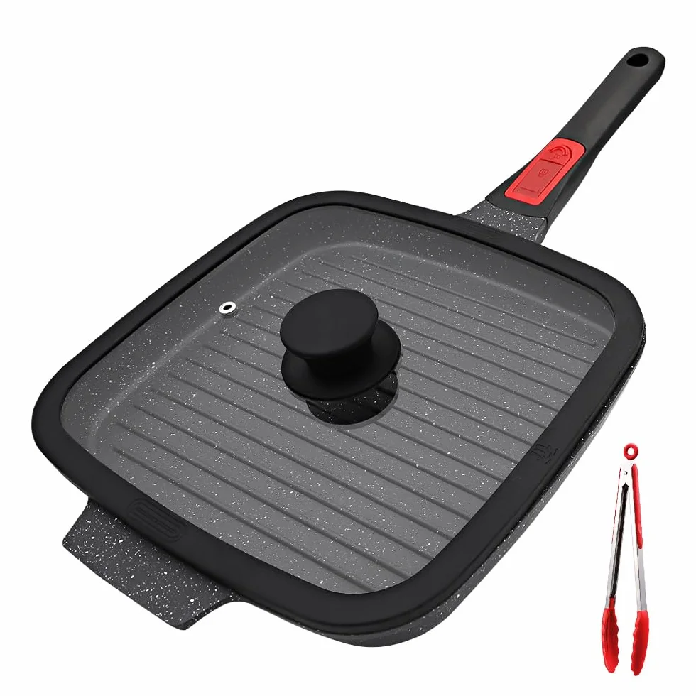 RANX INGST Bistecchiera Antiaderente con Maniglia Rimovibile, Padella Griglia con Coperchio, Pietra 26 x 24 cm Quadrata per Induzione, Alluminio pressofuso - Nero