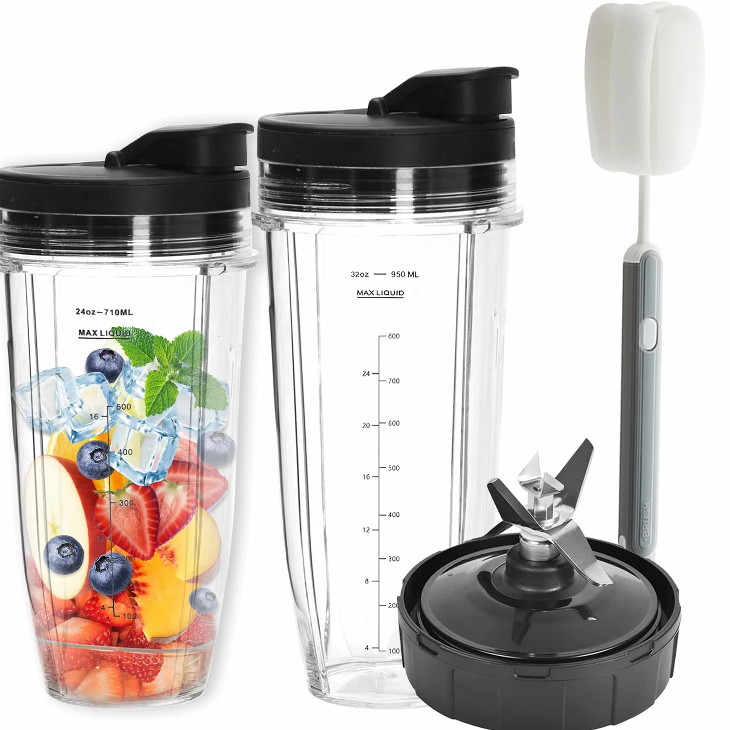 Tazze Ricambio con Lama Estraente 7 Pale per Nutri Ninja - Contenitori da 24oz+32oz con Coperchi a Ribalta Portatili+Spazzola Pulizia Compatibile con BL480/BL490/BL640/BL682/NN102/BL2012/CT641