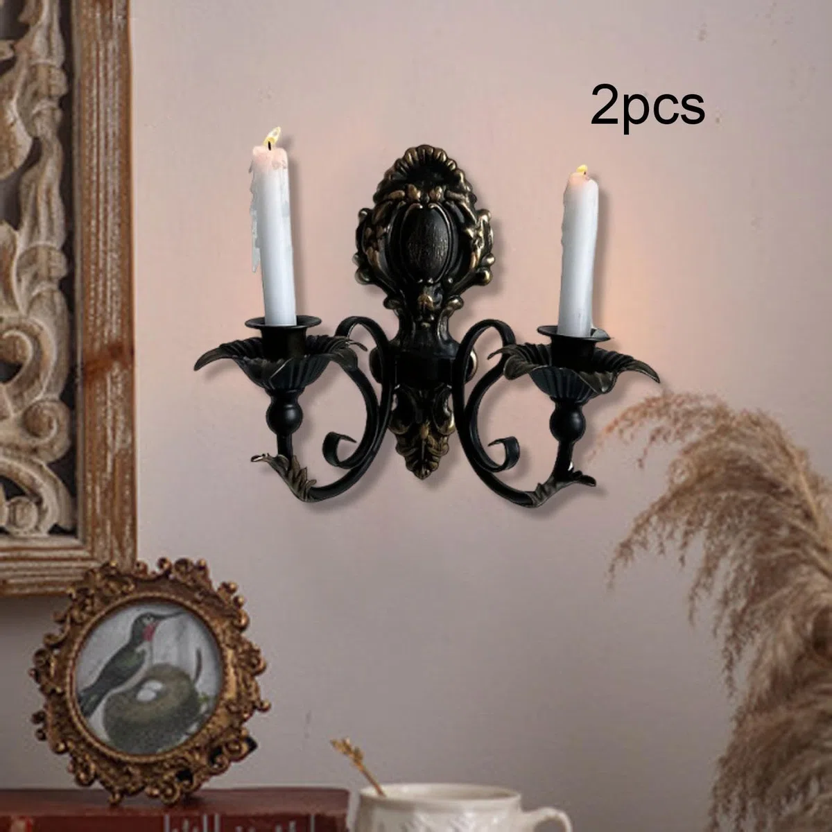 Applique Da Parete con Candela, Candeliere, Portacandele Rustico Doppio Da Parete per Celebrazioni Nuziali, Nero