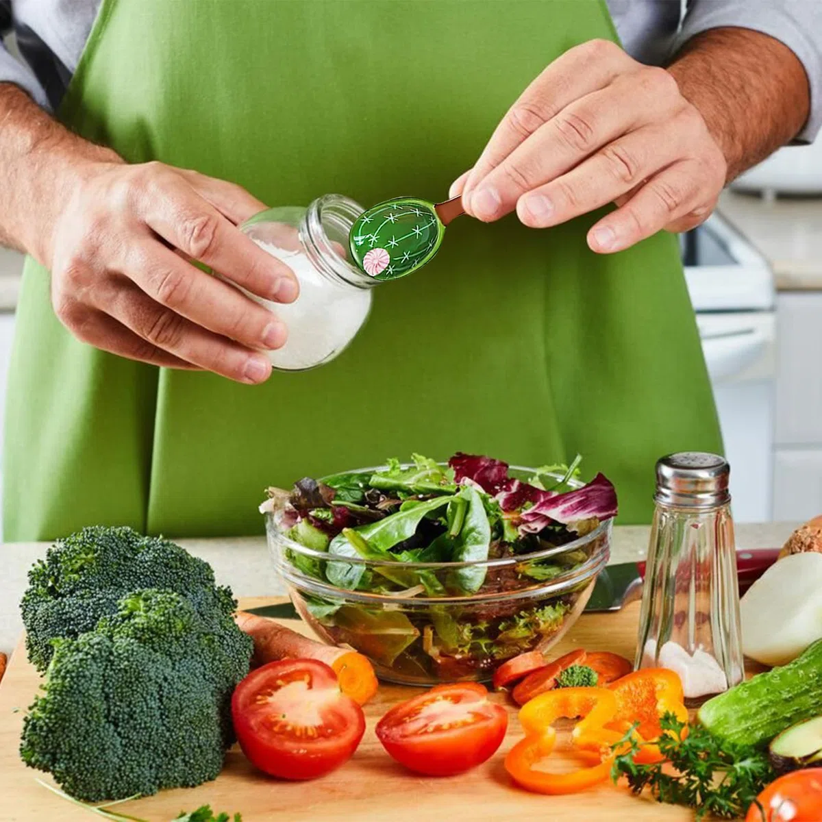 Set di cucchiai dosatori in ceramica a forma di cactus, 5 pezzi, simpatici misurini e cucchiai per cucina, per misurare liquidi, alimenti, sale e zucchero, con base tazza (verde)