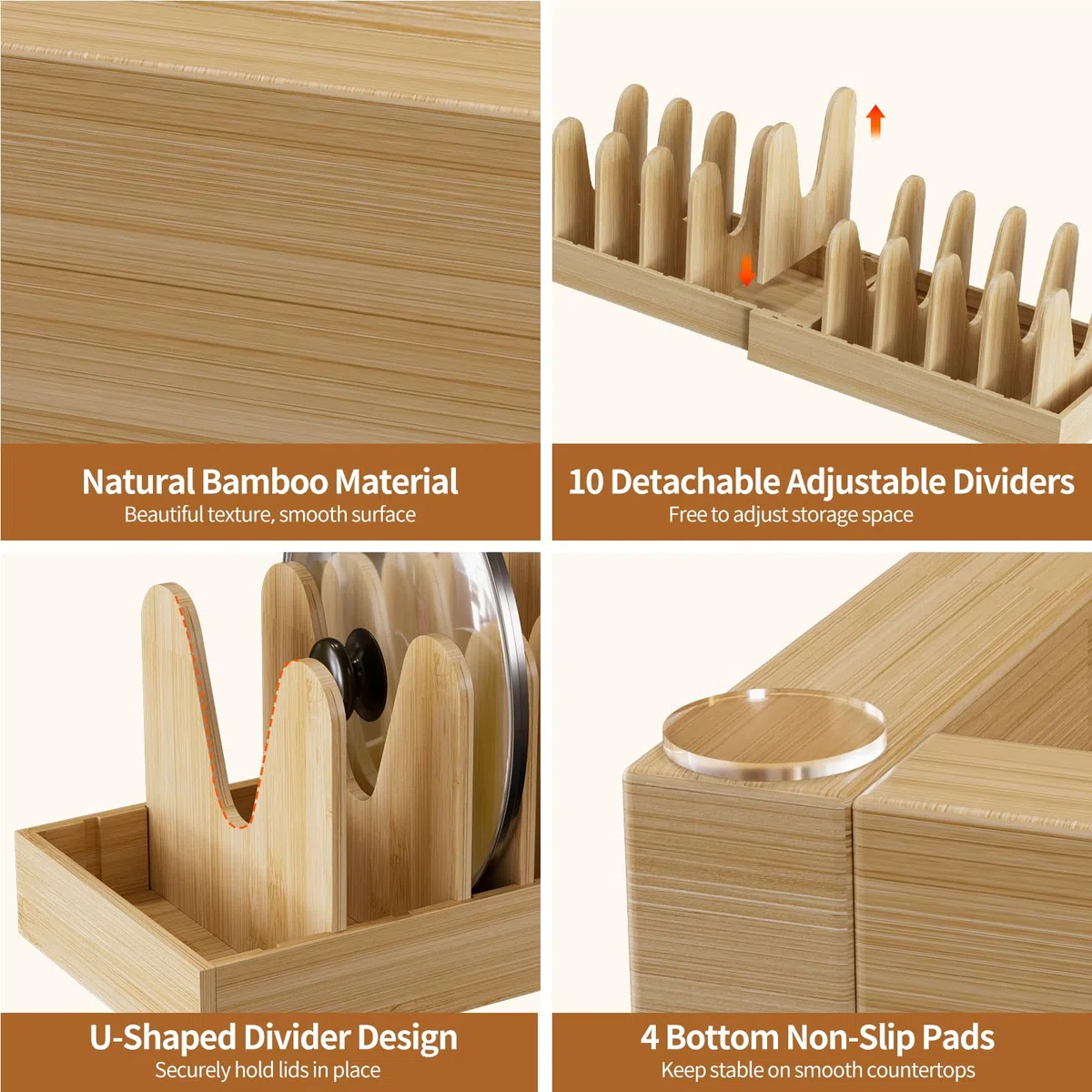Housolution Bambù Porta Pentole e Padelle da Cassettone, 40cm-75cm Espandibile Porta Coperchi Pentole con 10 Scomparti Regolabili, Organizer Coperchi Pentole e Padelle per Cucina