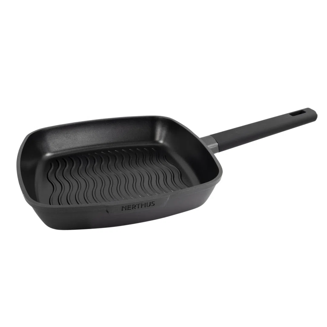 Nerthus FIH 1567 padella grill in alluminio pressofuso con rivestimento antiaderente quantanium adatta a induzione gas e vetroceramica manico ergonomico resistente al calore 28 cm