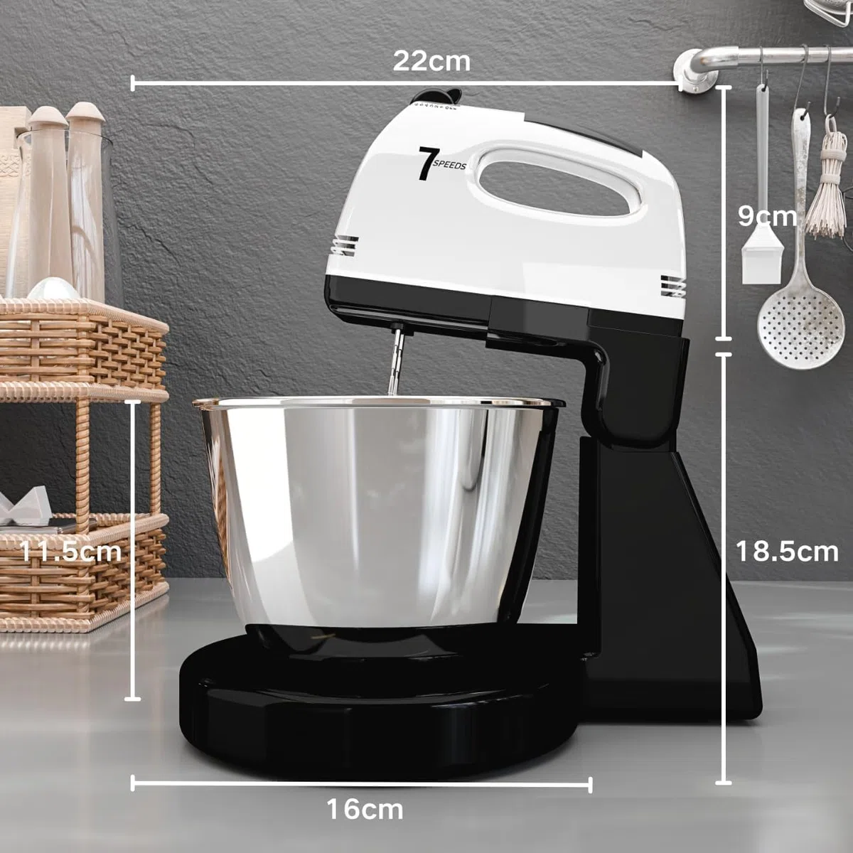 Impastatrice Planetaria, 7 velocità con ciotola in acciaio inossidabile 3QT, Robot da Cucina Multifunzione, supporto e sbattitore manuale con gancio per impastare, frusta (YM4)