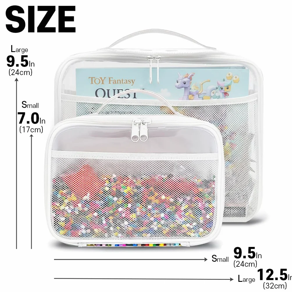holay Set da 4 Buste Organizer PVC per Giocattoli con Cerniera, Targhetta Nome & Tasca Manuale, Custodia Trasparente per Mattoncini, Plastilina, Giochi da Tavolo, Viaggio (Grigio, Piccolo, Grande)