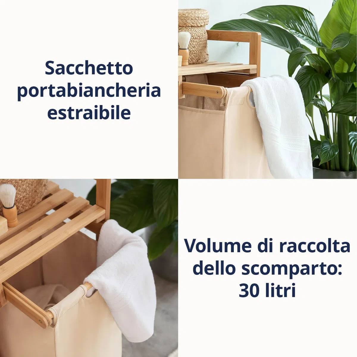 Lumaland - Cesto portabiancheria in bambù con sacco estraibile, materiale di facile manutenzione, resistente all'umidità e facile da pulire, 73 x 33 x 33 cm
