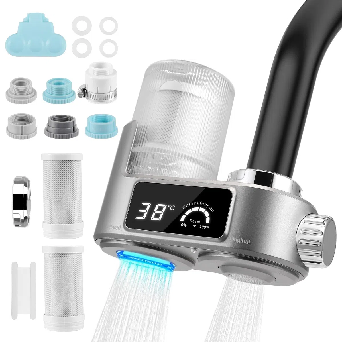Depuratore Acqua Rubinetto con Display LED – Filtro Anticalcare Rubinetto a 8 Strati, Tecnologia Microbolle, 6 Adattatori Universali, Purificatore Acqua per Cucina, Elimina Cloro e Impurità