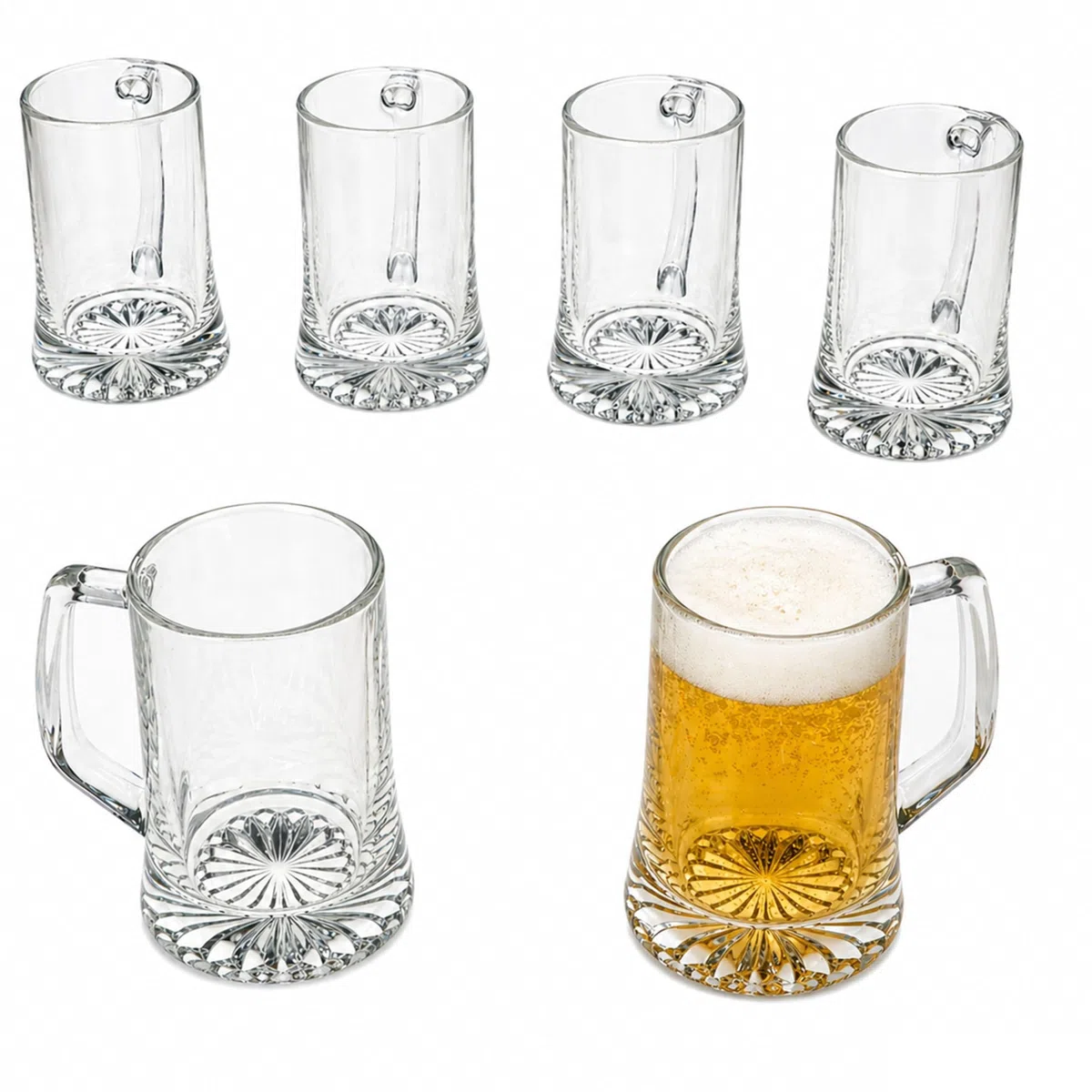 MamboCat Akki - Set di 6 boccali da birra da 0,2 l, altezza 12,2 cm, per 6 persone, in vetro con fondo a stella e manico, bicchieri da birra trasparenti da 200 ml, per feste