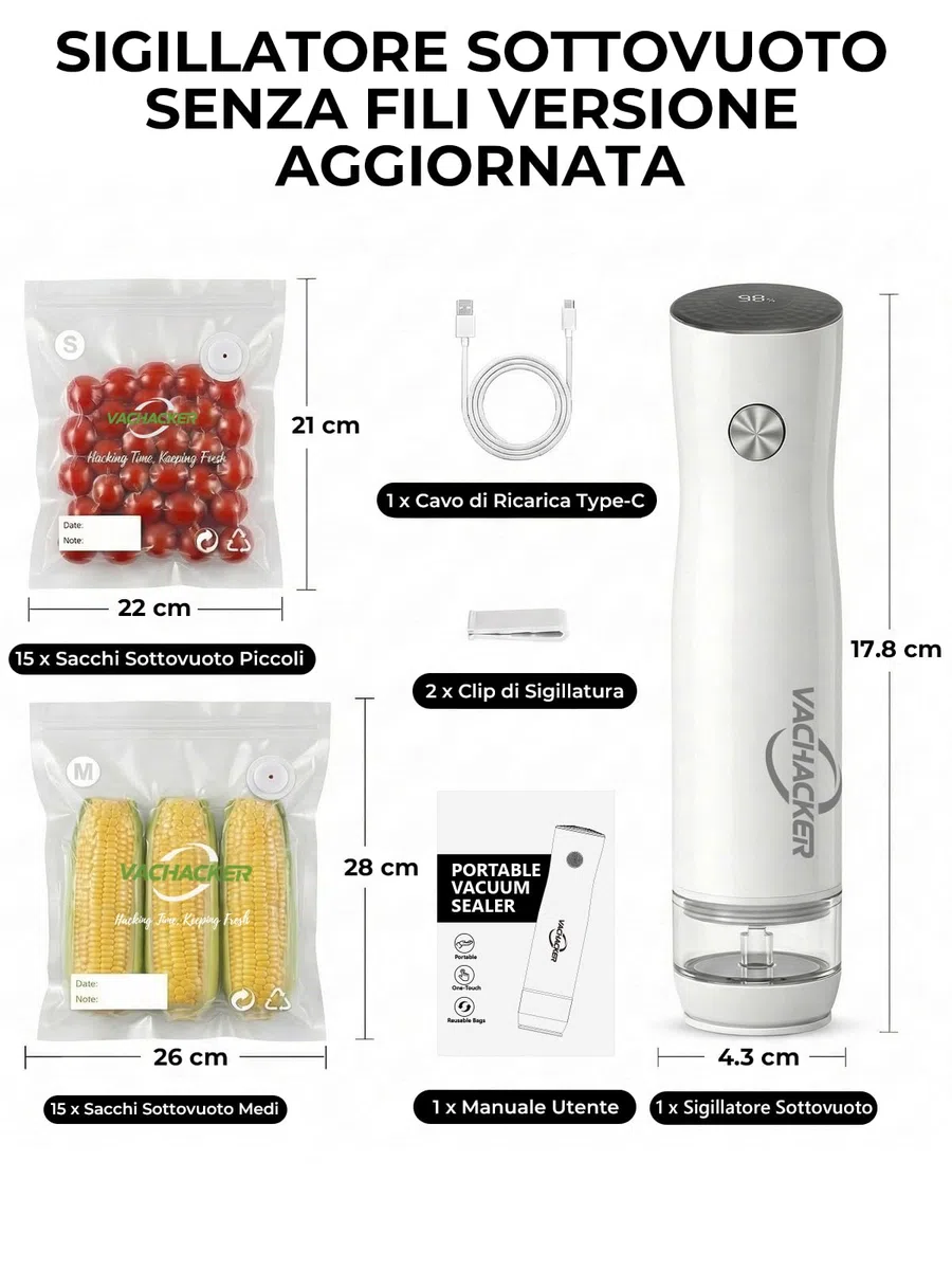 Macchina Sottovuoto Alimenti con Serbatoio Visibile, Vachacker Sottovuoto Alimenti Portatile con 30 Sacchetti per Sottovuoto, 60kPa Potente Vacuum Sealer