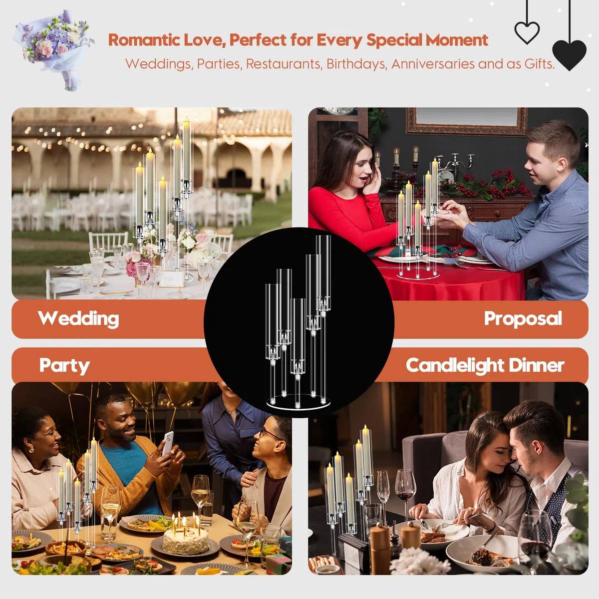 Candelabro Singolo in Acrilico 5 Bracci, Portacandele Alto 58 cm, Centrotavola per Matrimonio e Natale, Decorazione per Tavolo Camino o Festa, per Candele LED 2 cm
