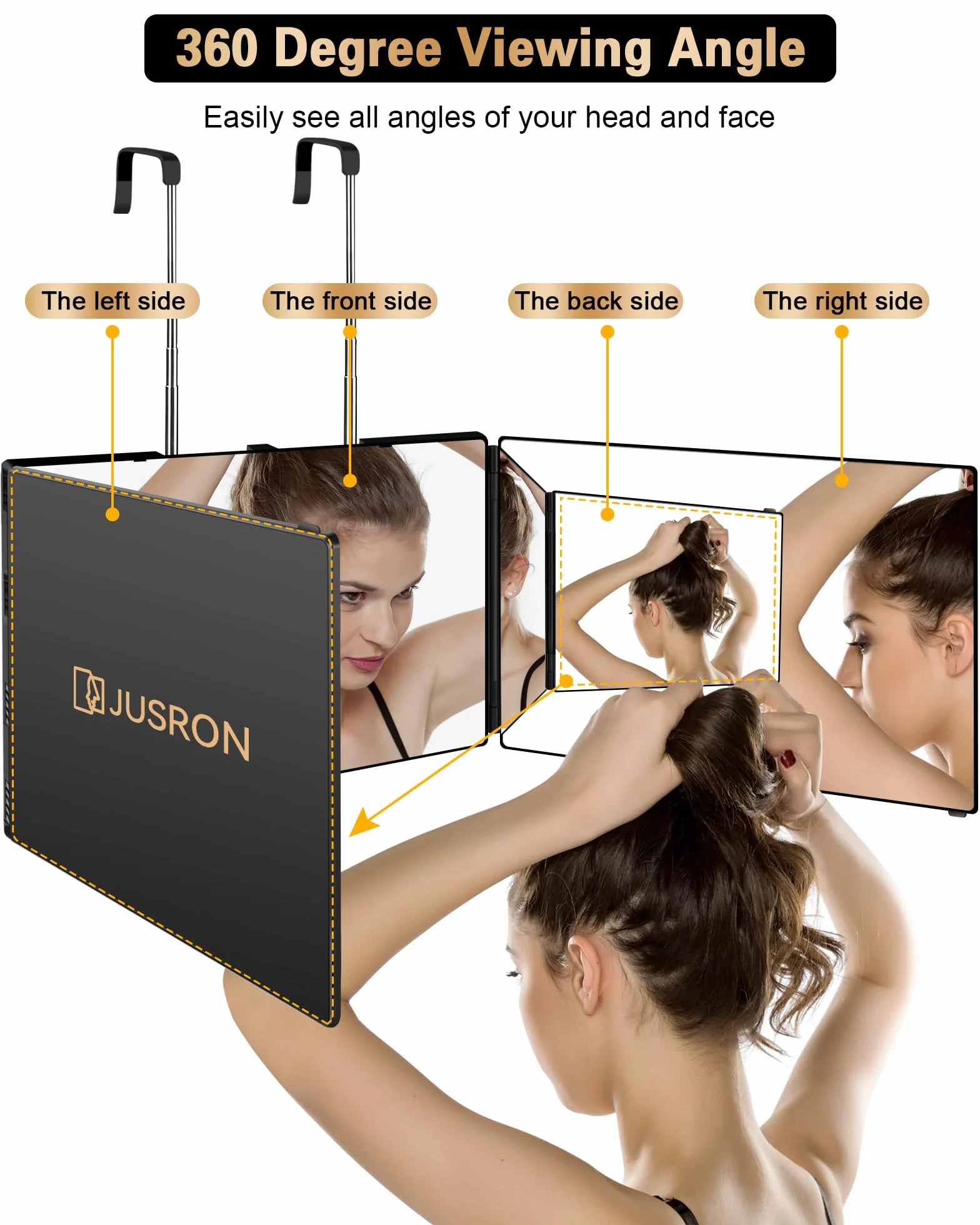 JUSRON Specchio Trucco a 3 Vie, Portatile Specchio a 360 Gradi Capelli, Specchio Makeup a 3 facce Regolabile in Altezza con Gancio Telescopico, Regalo Compleanno Ideale per Donne/Uomini(senza LED)