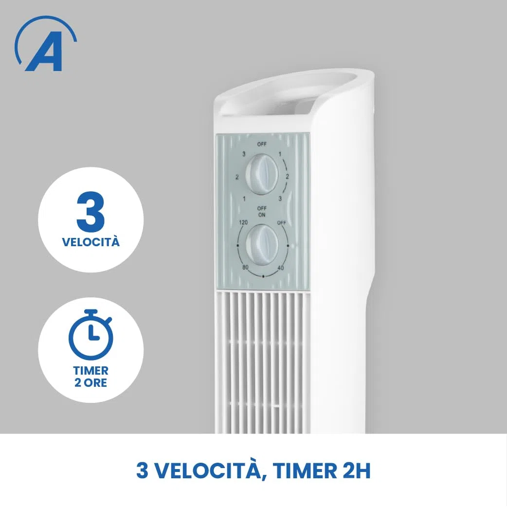 Ardes Elevate Ventilatore a Torre 45W con Oscillazione Automatica, 3 Velocità, Timer 120 Minuti, Maniglia di Trasporto e Altezza 81 cm