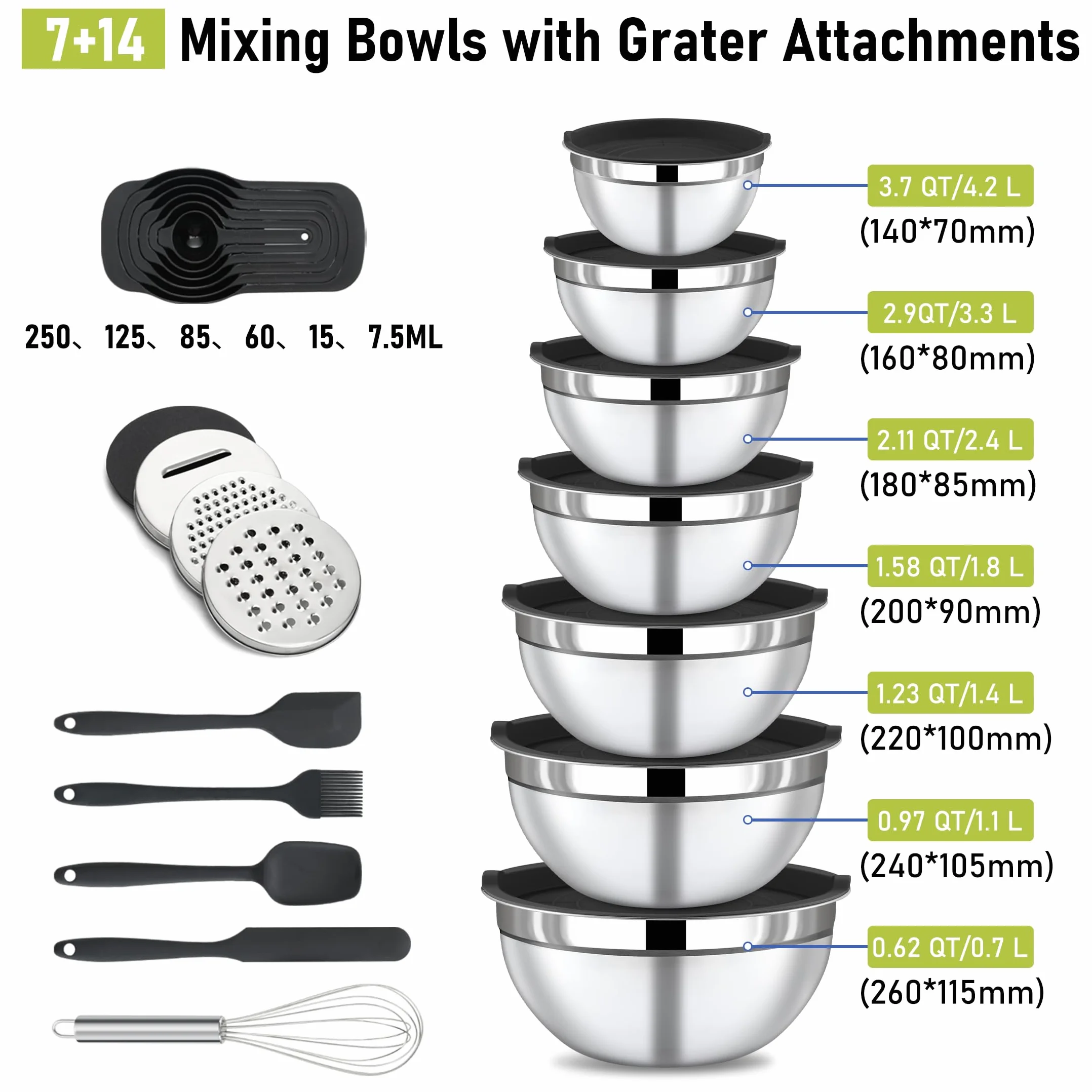 BEWOS Set di 7 Insalatiera con Coperchio - Ciotole Acciaio Inox Cucina Set con Grattugia, Ciotole Cucina Lavabile in Lavastoviglie, Misure 0,74, 1,16, 1,59, 2,00, 2,75, 3,38, 4,54 QT per Mescolare