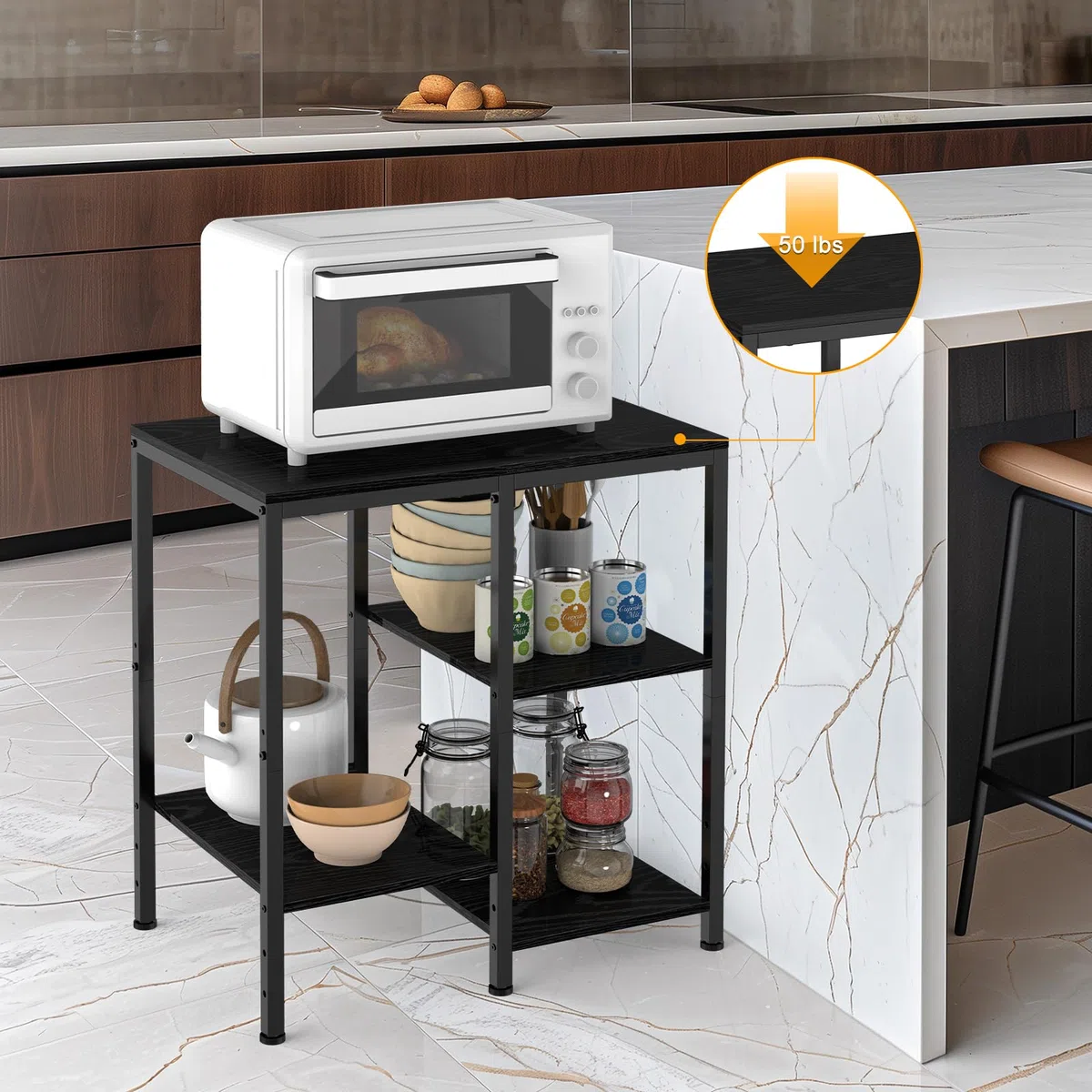 smusei Scaffalatura multifunzione a 4 livelli, regolabile, per forno, microonde, stampante, in legno con ripiani sfalsati, 67 x 40 x 59 cm, colore nero