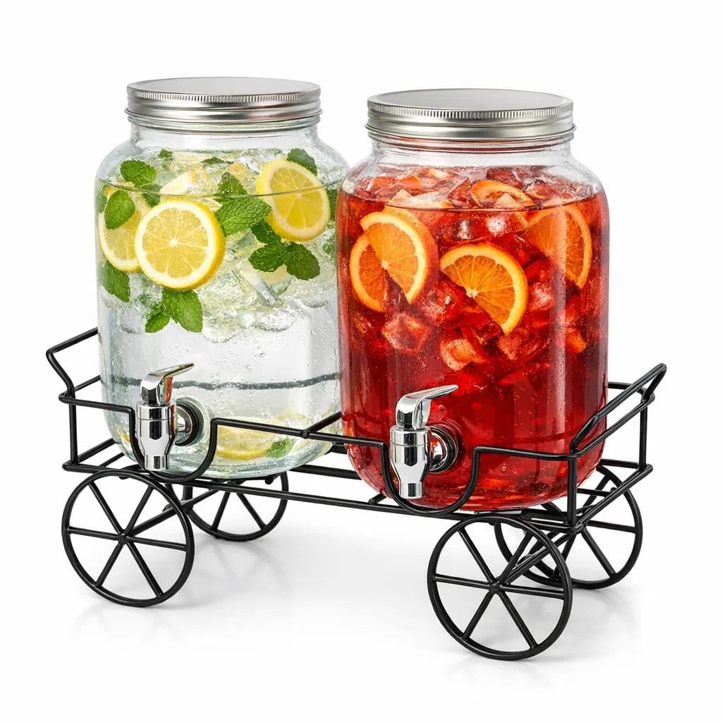 Set 2 Dispenser in Vetro per Bevande 4L con Rubinetto e Supporto, Erogatori per Succhi, Cocktail, Limonata per Feste, Picnic e Barbecue