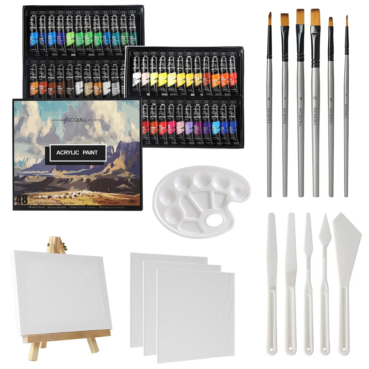 48 colori per pittura acrilica Set 6 pennelli, palette di coltelli, tela, cavalletto, per pittura artistica su legno, ceramica, tessuto, artigianato GC-APK48