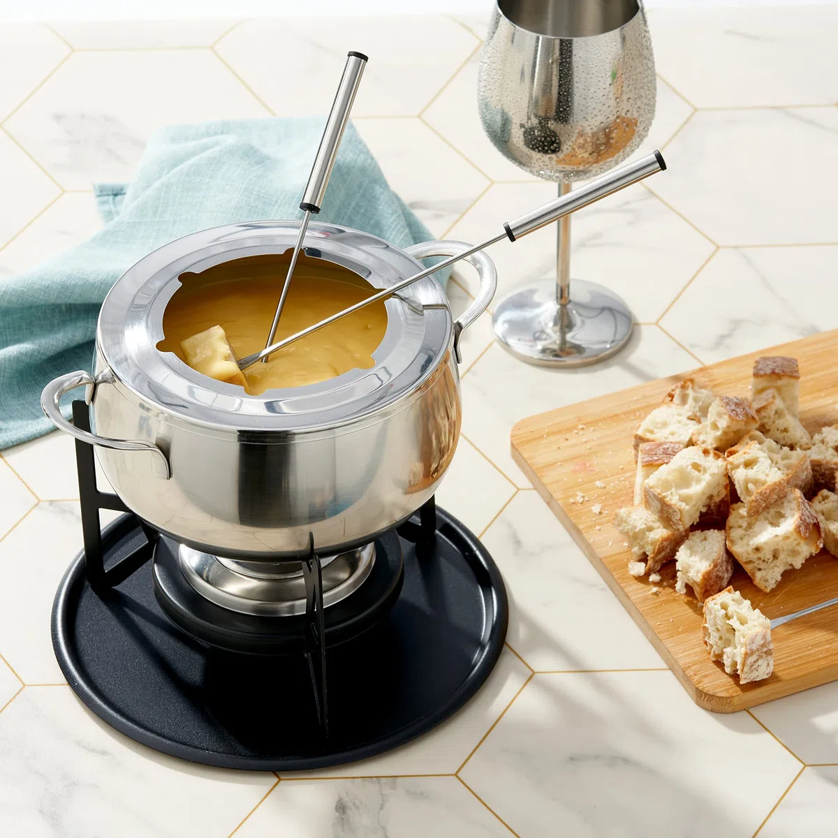 OS Oak & Steel ENGLAND Set da 10 Pezzi per Fonduta Bourguignonne in Argento con Pentole in Acciaio Inossidabile e Confezione Regalo di Design Raffinato