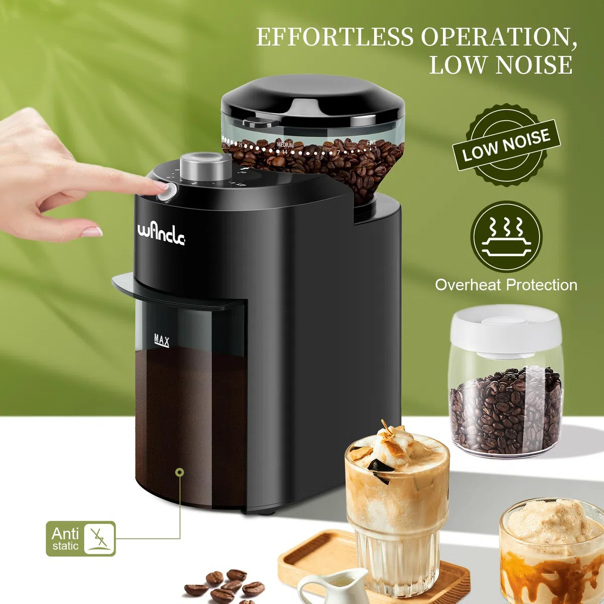 Macinacaffè, Macinacaffè Elettrico Wancle, Macinino Regolabile per Chicchi di Caffè, con 28 Impostazioni di Macinatura Precise per 12 Tazze (Plastica, Nero+Grigio)