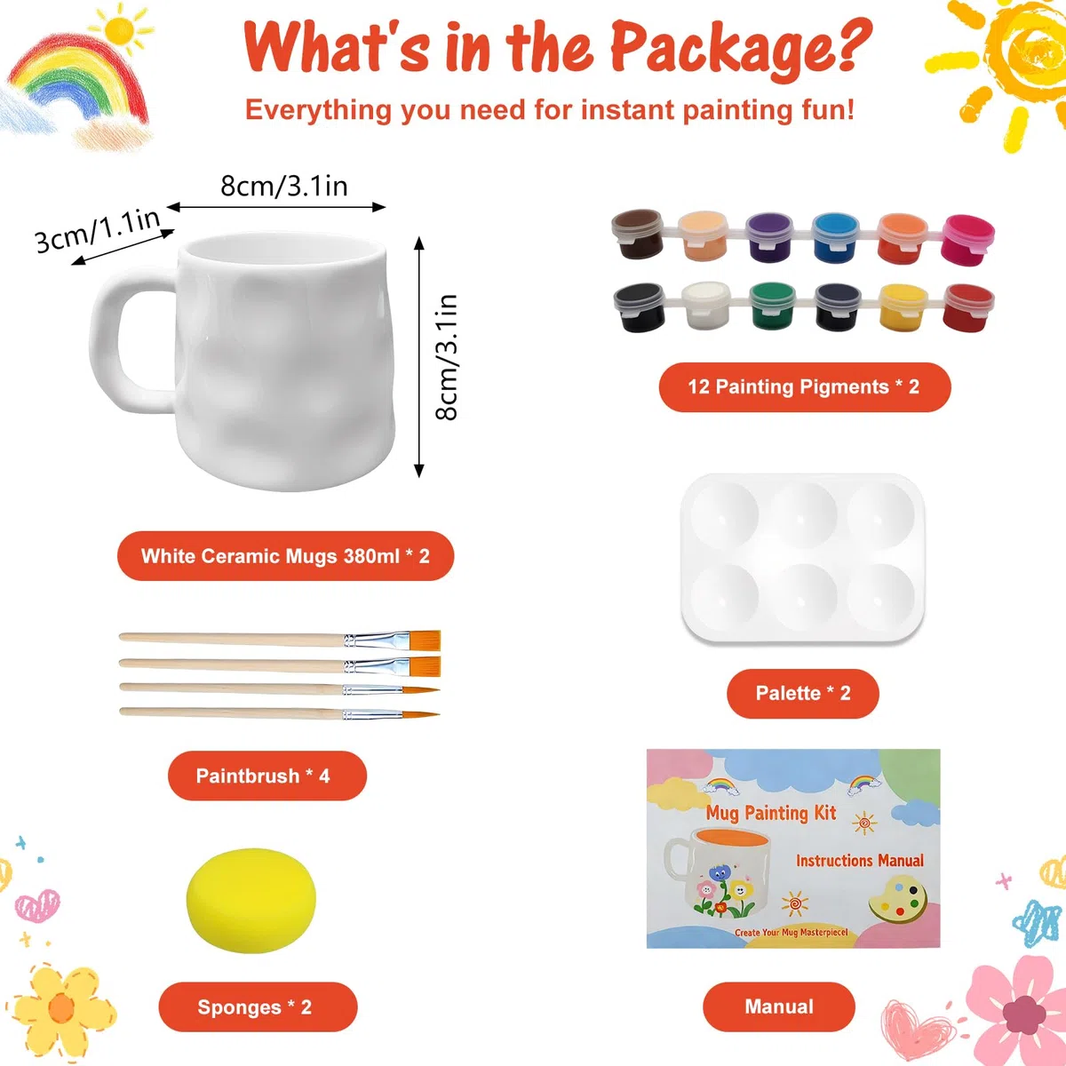 Set di Pittura su Ceramica, Bianco Tazze Kit Ceramica Fai Da Te,Ceramica Pittura Set, Tazze Pittura Set Contiene Tazze, Pennello, Colori E Istruzioni Per Dipingere, Pentole Per Casa, tazza di caffè