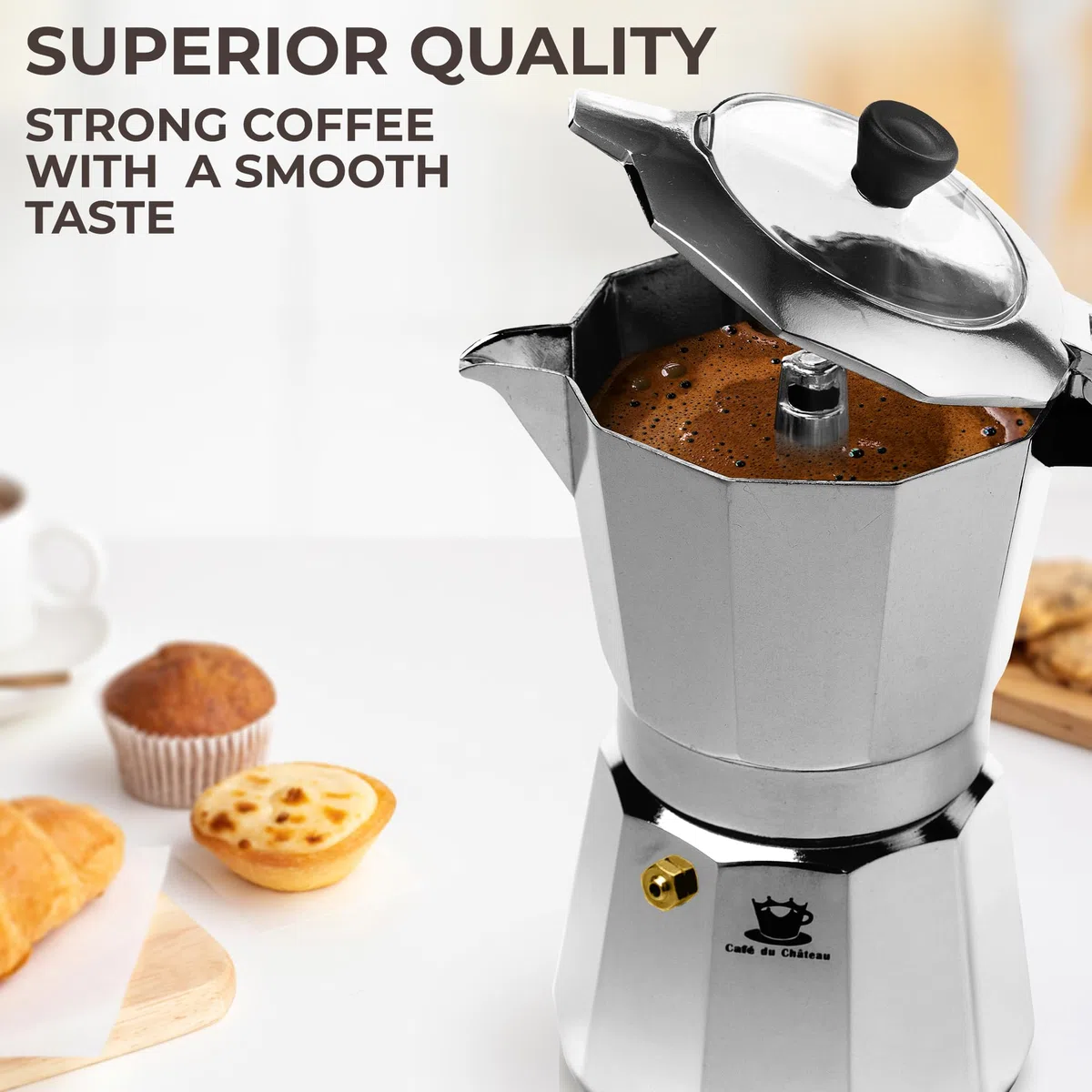 Cafe Du Chateau, caffettiera espresso 6 tazze, moka con coperchio superiore trasparente, finitura lucida, con cucchiaino da caffè