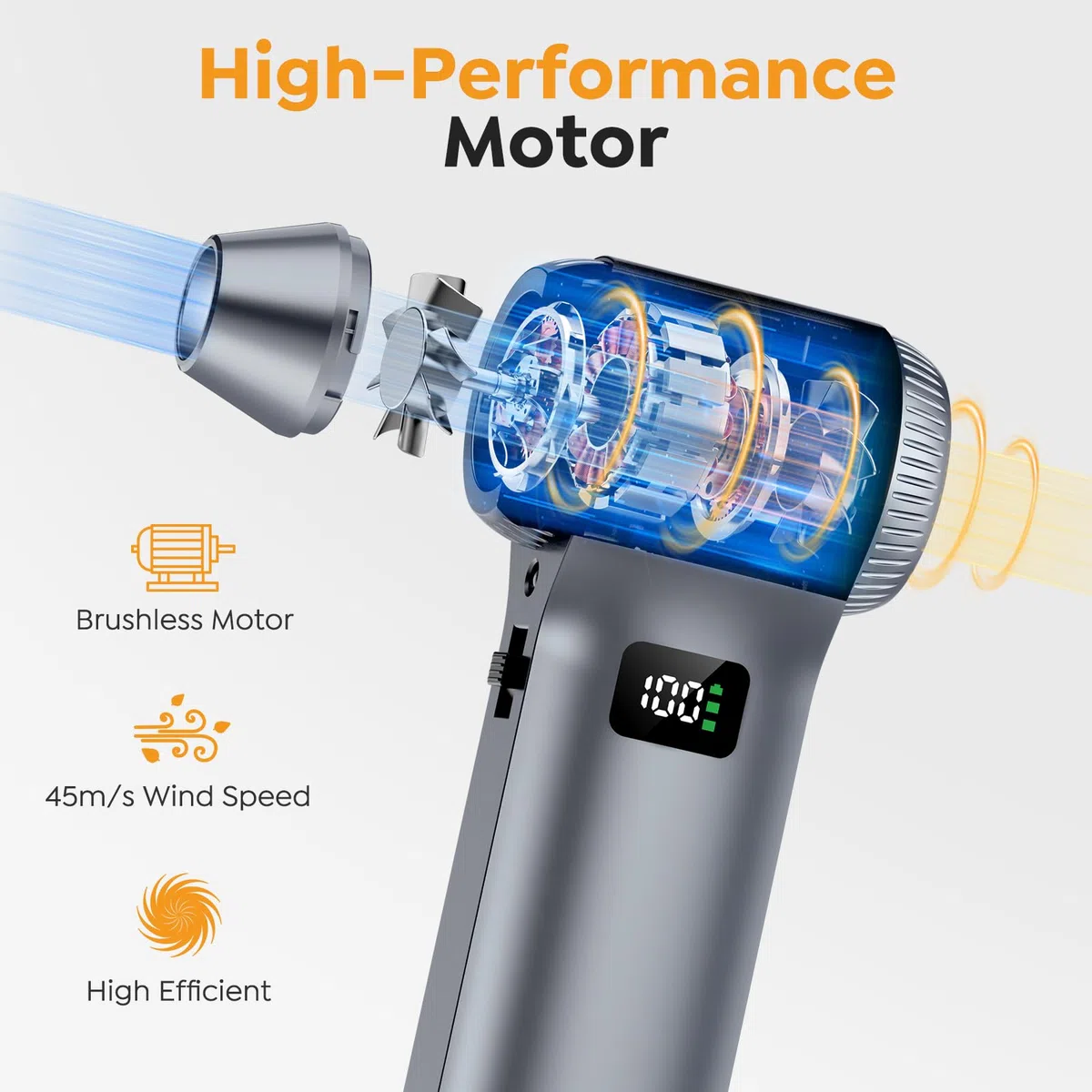 Compressore Aria Portatile, 230.000RPM Soffiatore Aria Compressa, 100 Livelli di Velocità Regolabili, Mini Soffiatore a Batteria con Luce LED e Display,Soffiatore per la Polvere per Casa,Auto,Esterni