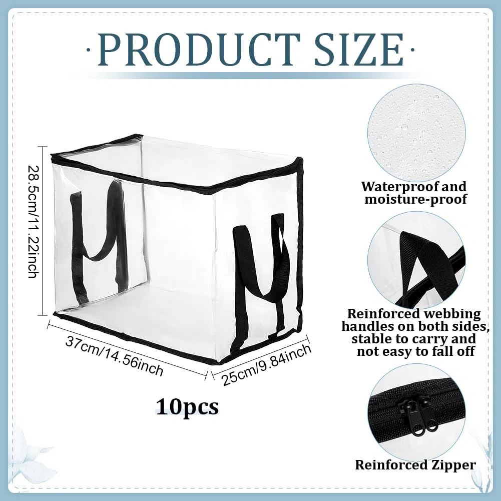 PH PandaHall 10 organizer trasparenti con cerniera, di grande capacità, pieghevoli, con manico, per riporre libri, casa, ufficio, vestiti, armadio, nero, 37 x 25 x 28,5 cm