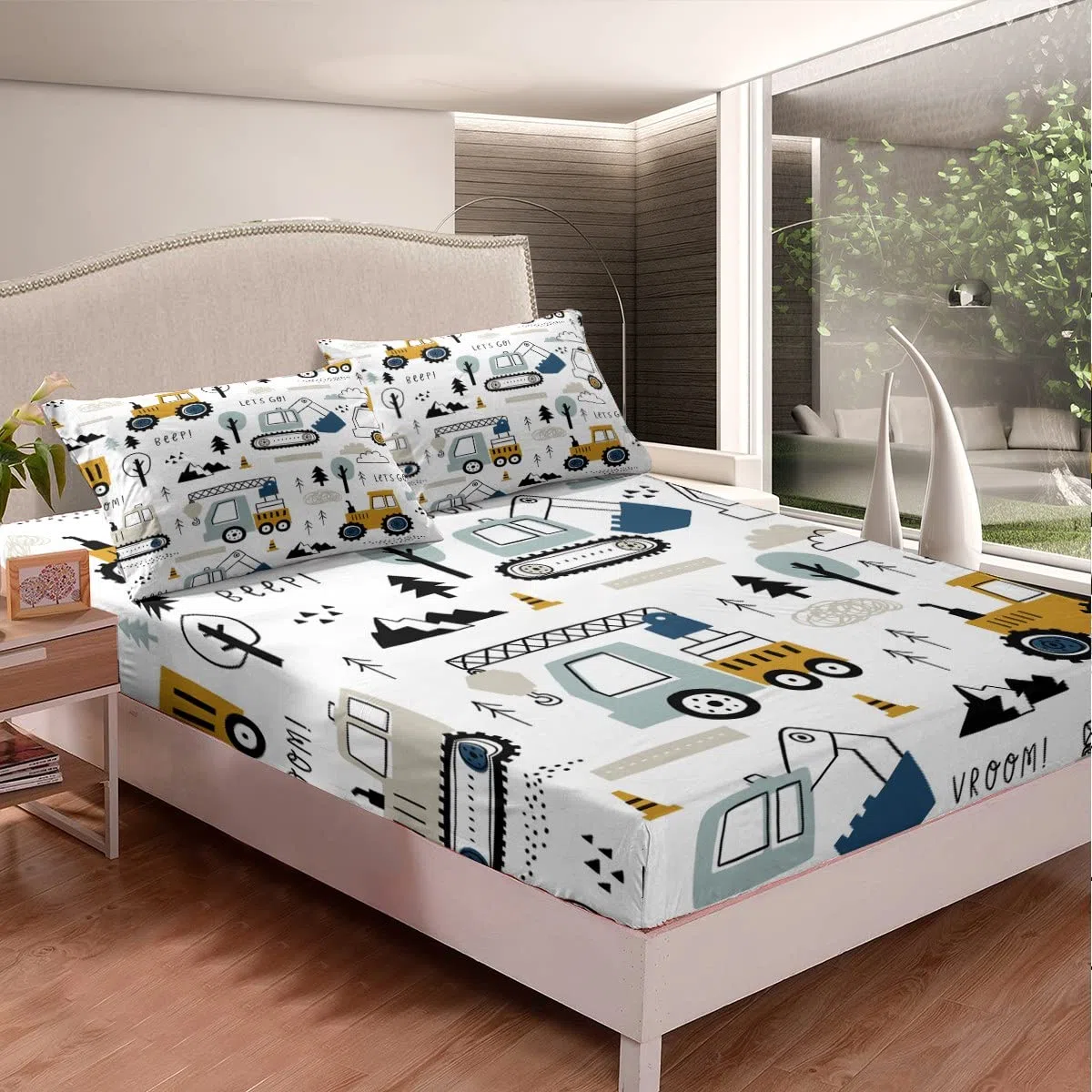 Loussiesd Set Lenzuola con Angoli Elasticizzati per Auto 140x200cm per Bambini Ragazzi Lenzuolo con Angoli Elasticizzati BAU Motivo Escavatore Gru Trattore Lenzuolo con Angoli Elasticizzati per