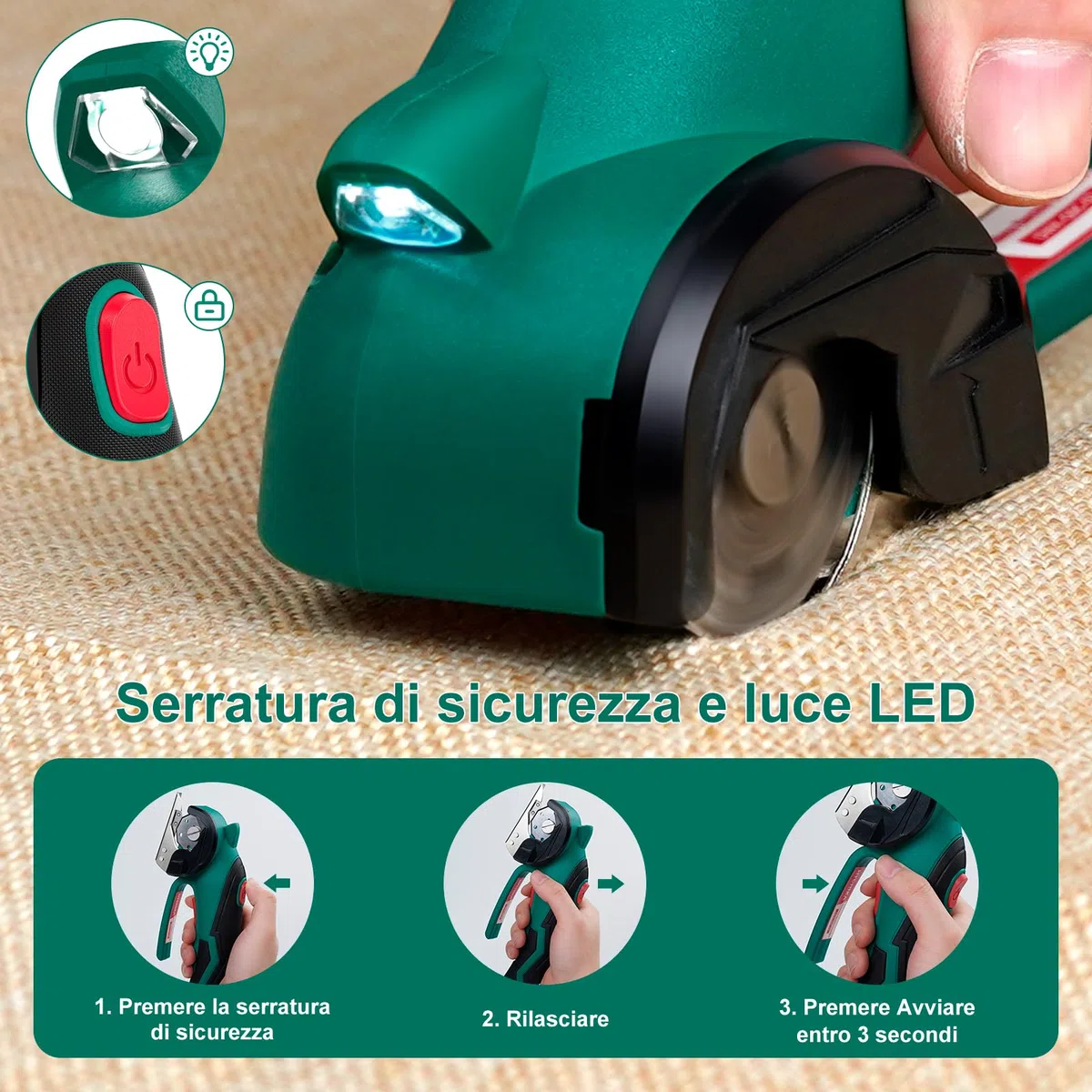 HYCHIKA Taglierina Elettrico Rotante 4V, Forbici Elettriche per Tessuti Wireless 300 giri/min, Taglierino Elettrico con 2 lame e un LED, Adatto per tessuti, Cucito, Pelle, Tappeti, Cartone e plastica