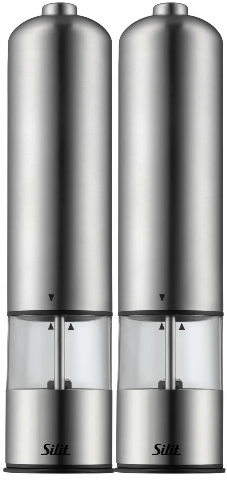 SILIT Set di 2 macinasale e pepe elettrico | acciaio inox | macina in ceramica – spessore macinino regolabile | illuminazione a LED con batterie incluse