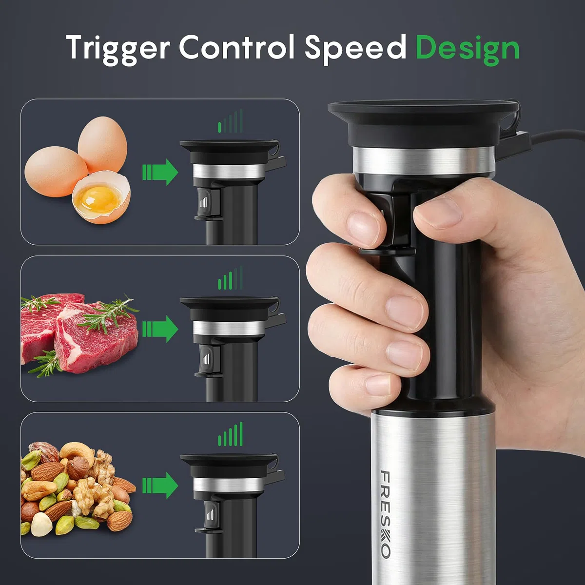FRESKO Frullatore a immersione 1000W, Frullatore ad immersione professionale con regolazione continua della velocità, 4 lame in acciaio inox, Antischizzo, per zuppe, frullati e alimenti per bebè