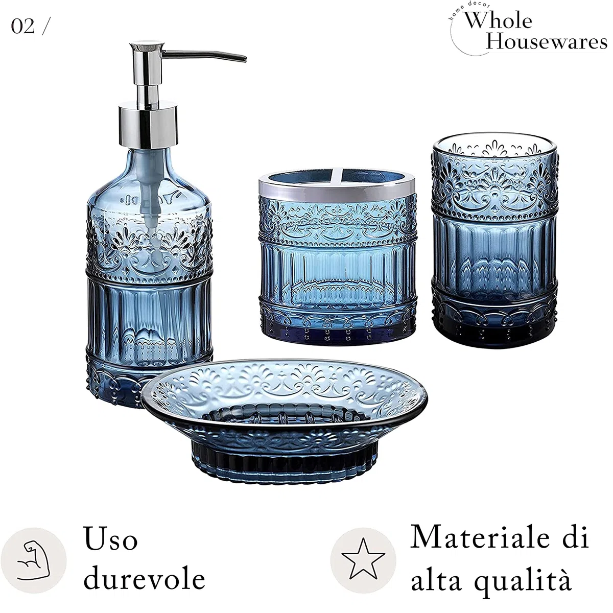 WHOLE HOUSEWARES | Set di accessori per il bagno | Set da 4 accessori in vetro per la decorazione | Porta sapone, porta spazzolini, barattolo e piattino | Vetro a mosaico elegante (blu)