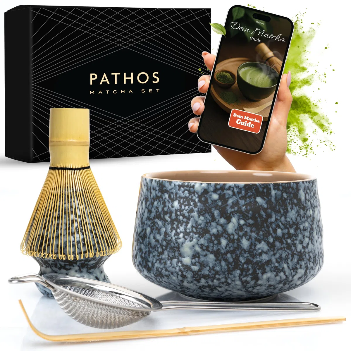 Set Matcha Premium in ceramica – Set Matcha tradizionale con scopa e ciotola, colino e porta scopa – Set Macha Tea – Kit accessori Matchaset senza polvere – Whisk Matchabesen (nero)