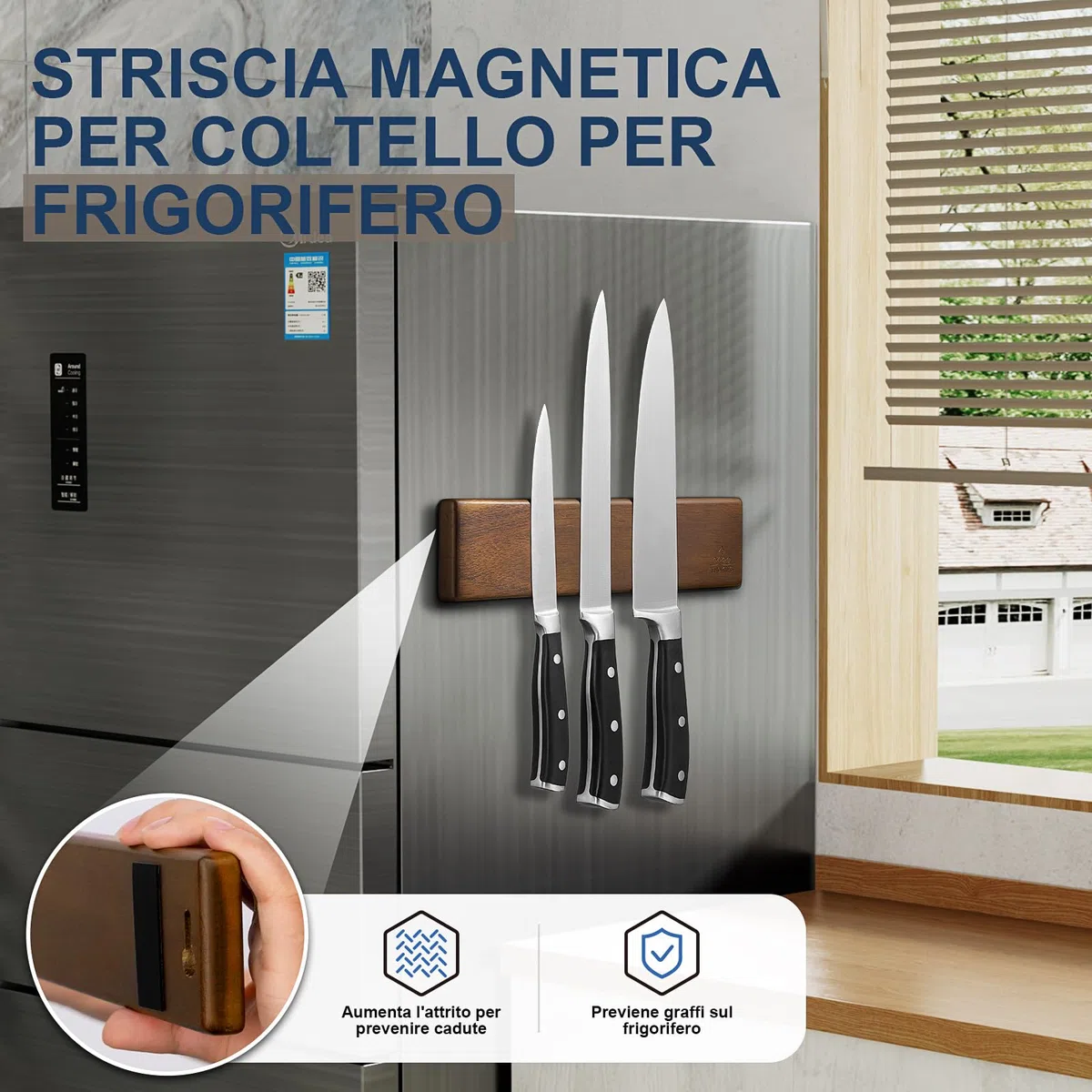 ENOKING Portacoltelli Magnetico 26 cm, Barra Magnetica per Coltelli Senza Forare, Porta Coltello Forte in Legno D'acacia con 2 Ganci