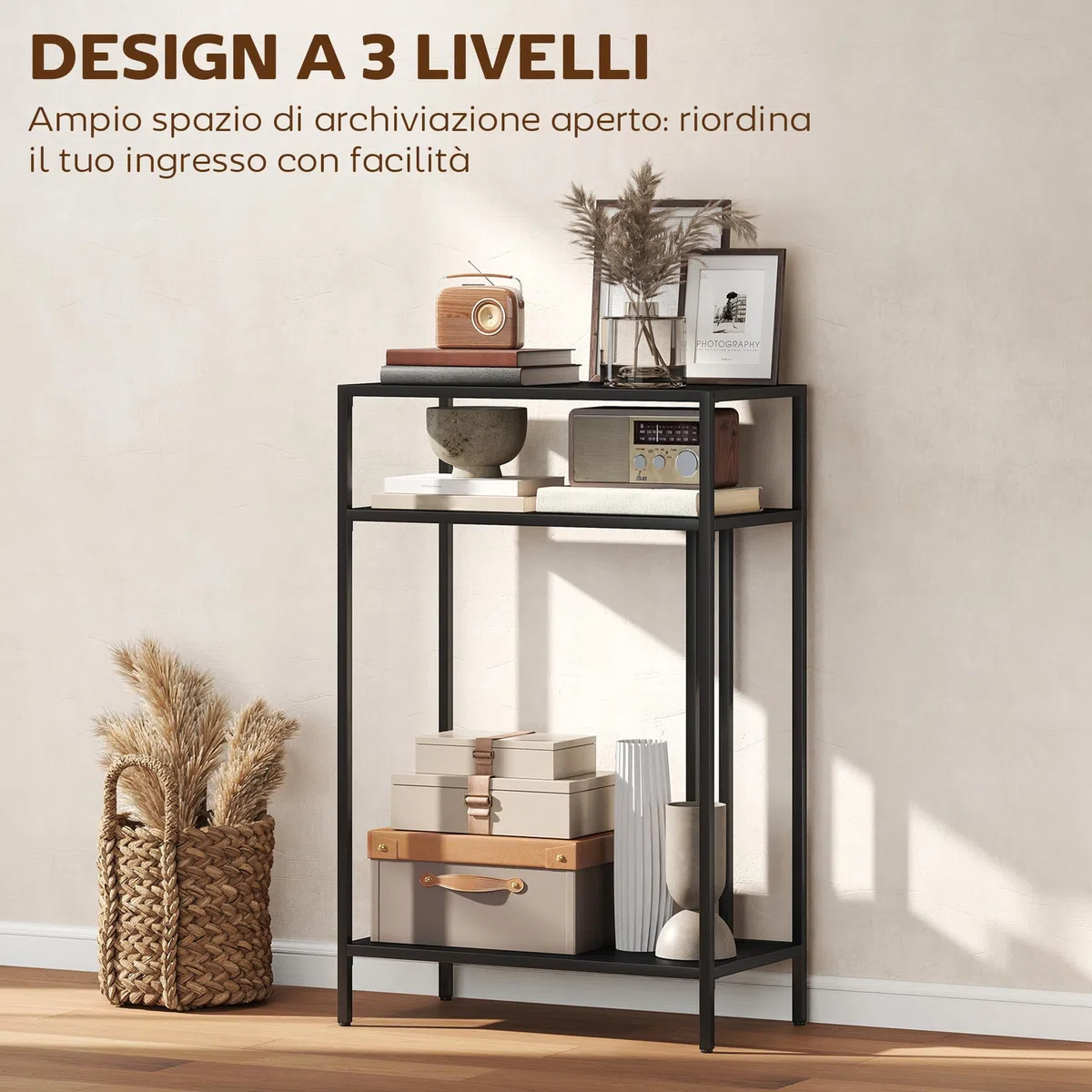 HOMCOM Consolle Ingresso con Ripiani, Tavolo Consolle in Metallo, Tavolino Ingresso per Camera da Letto, 55x30x85 cm, Nero