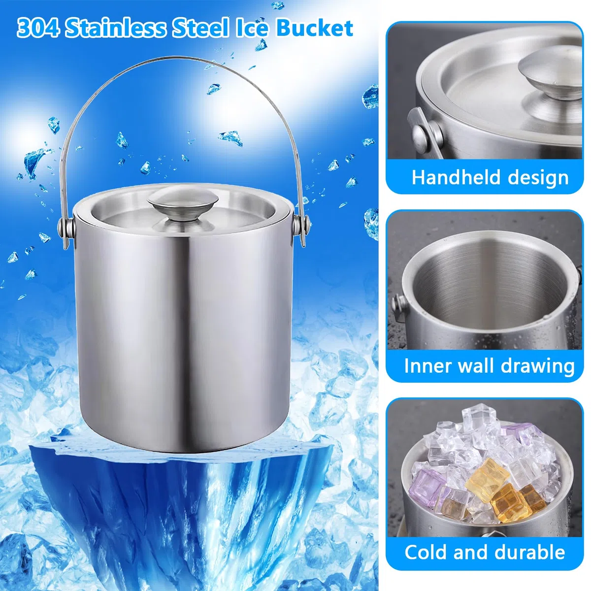 Secchiello Ghiaccio Acciaio Inox 3L, Secchiello per Ghiaccio con Pinze Ghiaccio + Paletta Ghiaccio, Secchiello Ghiaccio Champagne in Acciaio Inox a Doppio Strato, Ideale per Famiglie e Bar