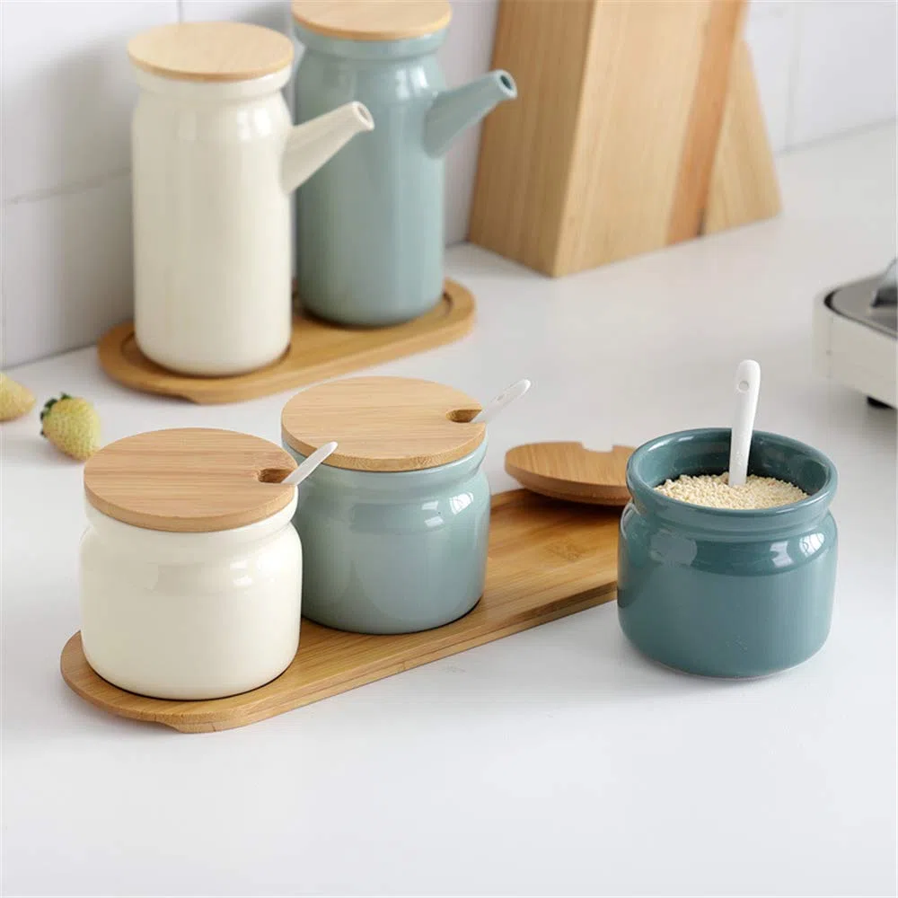 Set di 3 Zuccheriera in Ceramica, 300ml Contenitore per spezie barattoli spezie Rotonda con Coperchio e Cucchiaio, per Casa e Cucina