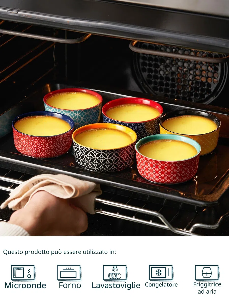 DOWAN Pirottini per Soufflé con Coperchio, 6 X 120 ml Stampi a Prova di Forno per Crème Brulée, Muffin, Mini Ciotola Porcellana per Forno, Salsa, Snack, Fruttoda, Ø 9,0cm-Colori Vivaci