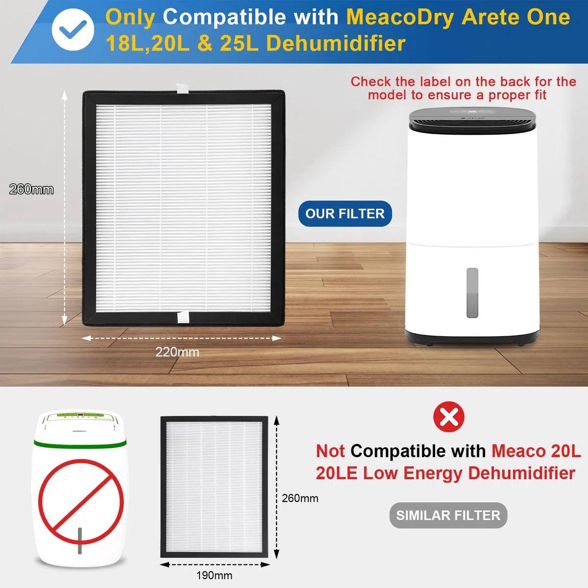 Kigniote Confezione da 3 filtri HEPA compatibili con MeacoDry Arete One 18L, 20L e 25L deumidificatore purificatore d'aria 2 in 1, 26 x 22 x 1,5 cm, non compatibile con deumidificatore Meaco 20L 20LE